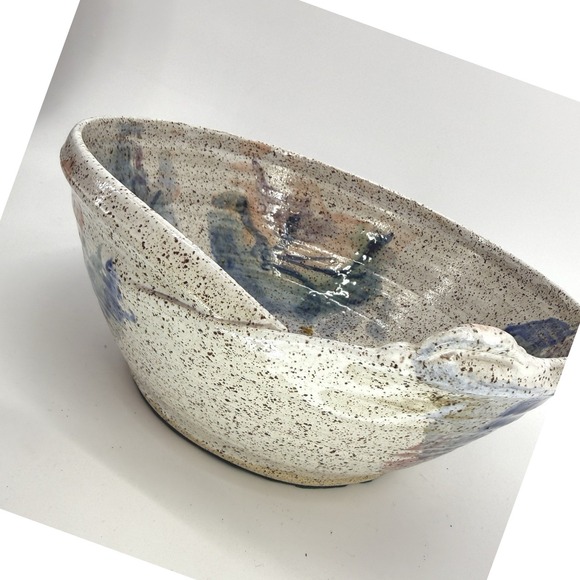 Large Artisan Studio Stoneware Bowl Artisan Signed Rustic Speckled Neutral Blue - Picture 1 of 13